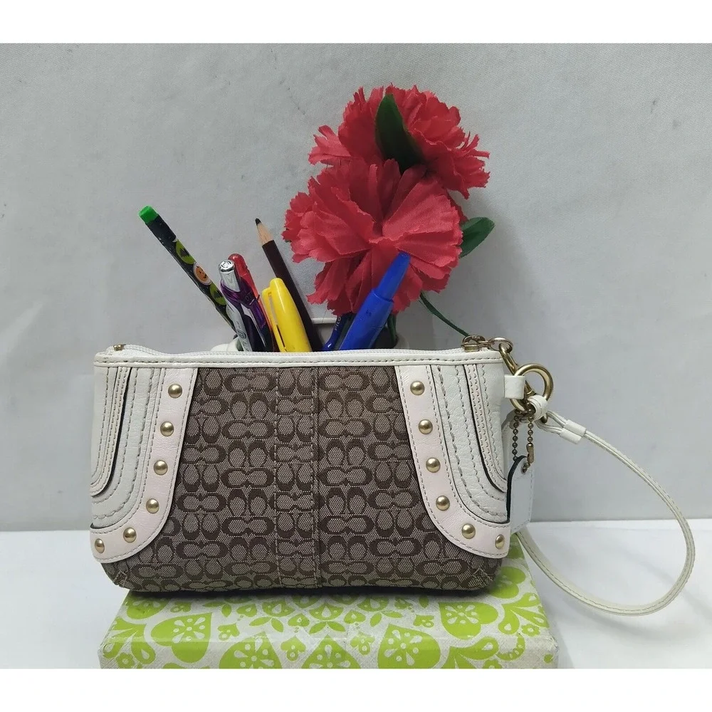 Coach Mini C Brown Canvas Leather Trim Studded Zipper Wristlet - Coin Wallet